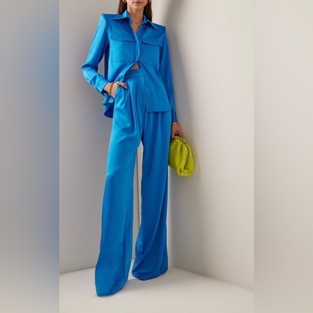 NWT Alex Perry Blue Hutton Pleated Satin Crepe Wide-Leg Pants Cerulean Blue sz 0